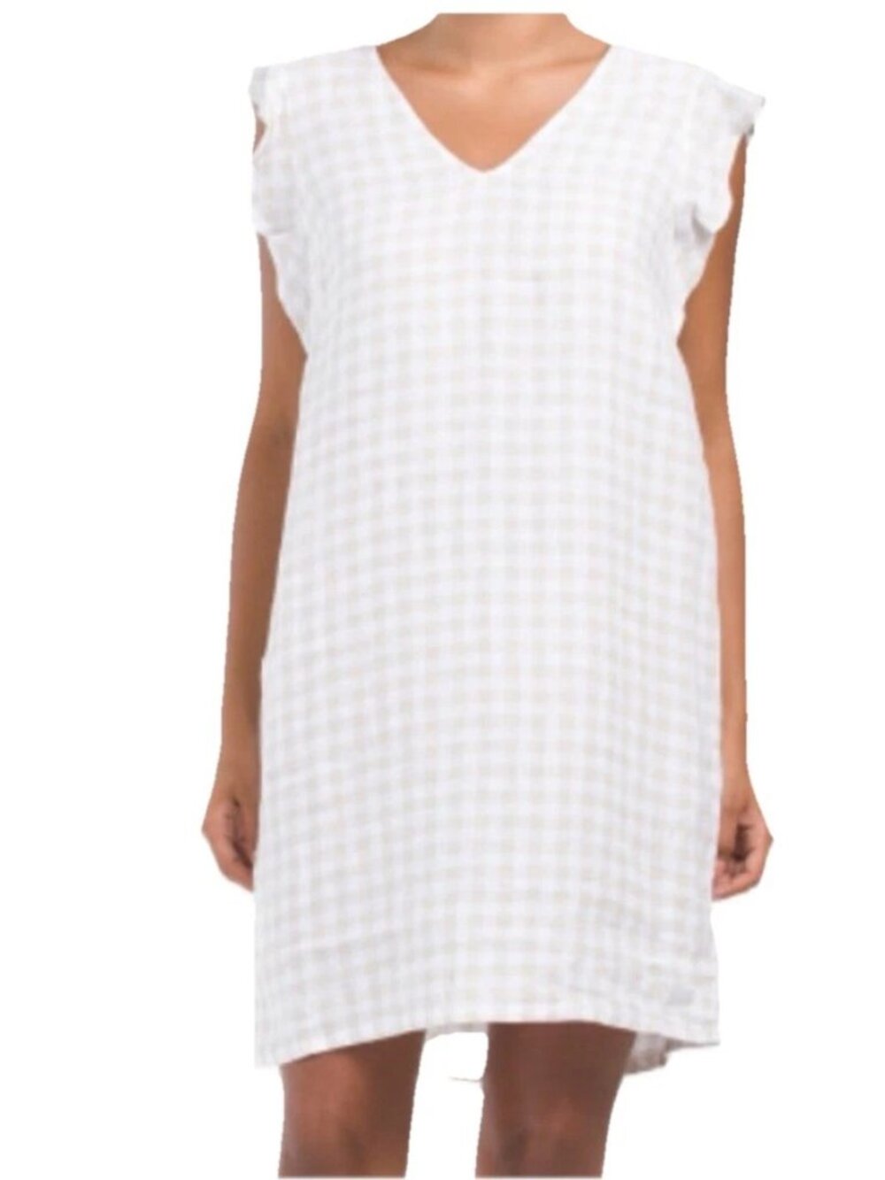 CYNTHIA ROWLEY White/Beige 100% Linen Gingham Plaid Shift Dress Sz S